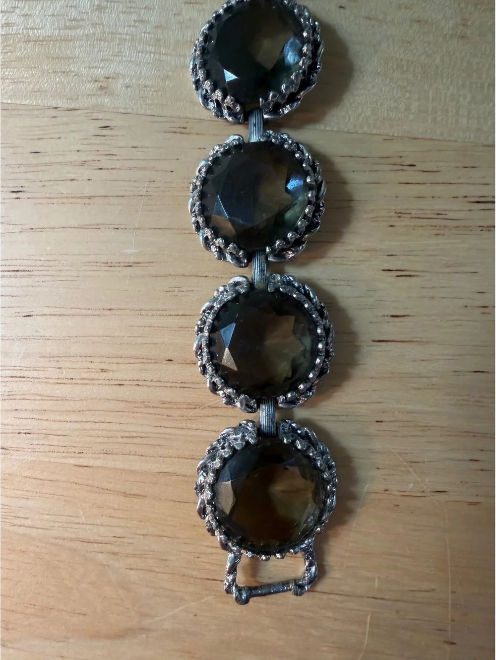 Vintage Style Silver Tone Bracelet with Faceted Smoky Glass Stones
